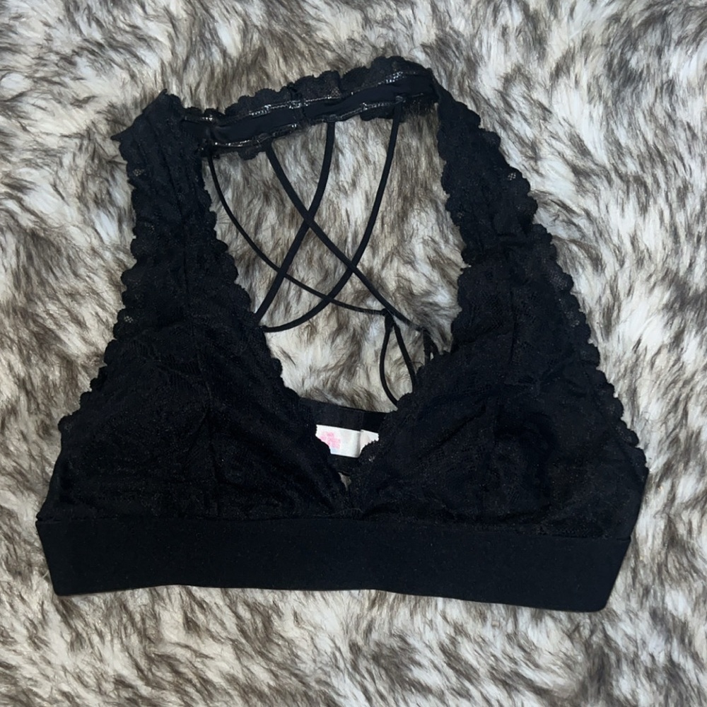 Elegant Black Lace Bralette Lacey neck Strappy back straps Adjustable #pink
